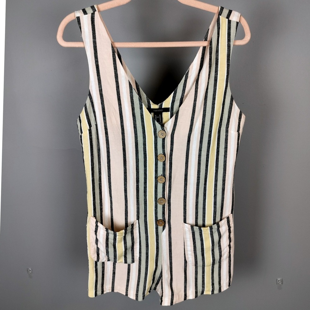 Forever 21 Linen Blend Striped Button Front Romper Pink Yellow Green Sleeveless